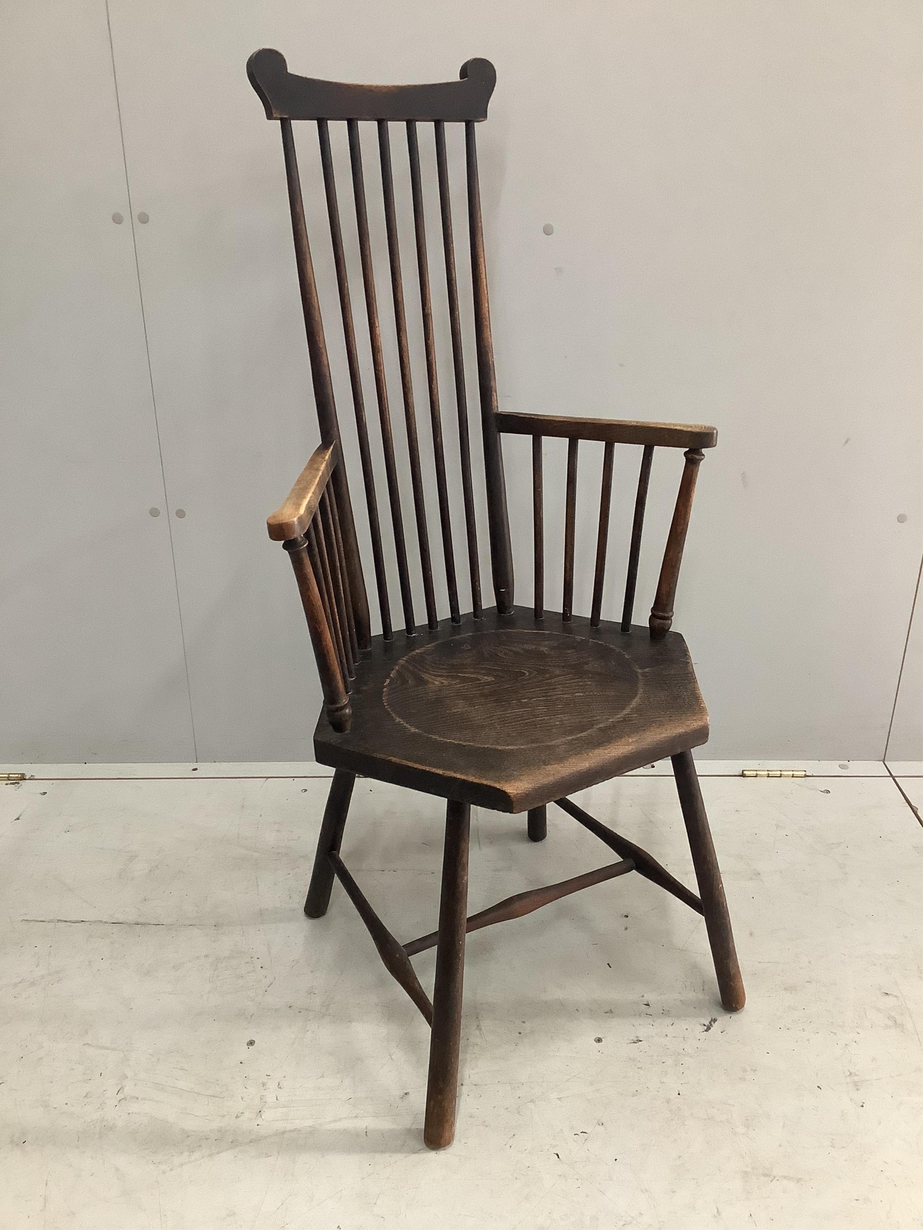 A late Victorian Arts & Crafts beech spindle back chair. Condition - poor